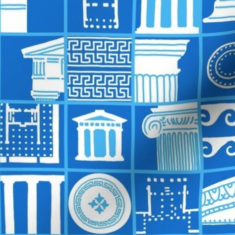 Collage of Ancient Greek Architectural D - Spoonflower Ancient Greek City, A Level Textiles, Greek Architecture, Greece Art, Athens Acropolis, Greek Temple, Greek Restaurants, Scrapbook Printing, Ancient Greek Architecture