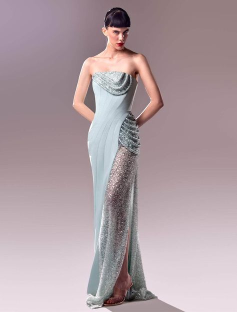 MNM Couture G1613 - Strapless Beaded Mesh Embellished Gown 10 / Blue Blue Gowns Elegant, Blue Couture Dress, Bling Dresses, Mermaid Concept, Couture Dresses Gowns, Extravagant Dresses, Premier Dress, Runway Fashion Dresses, Gala Gowns