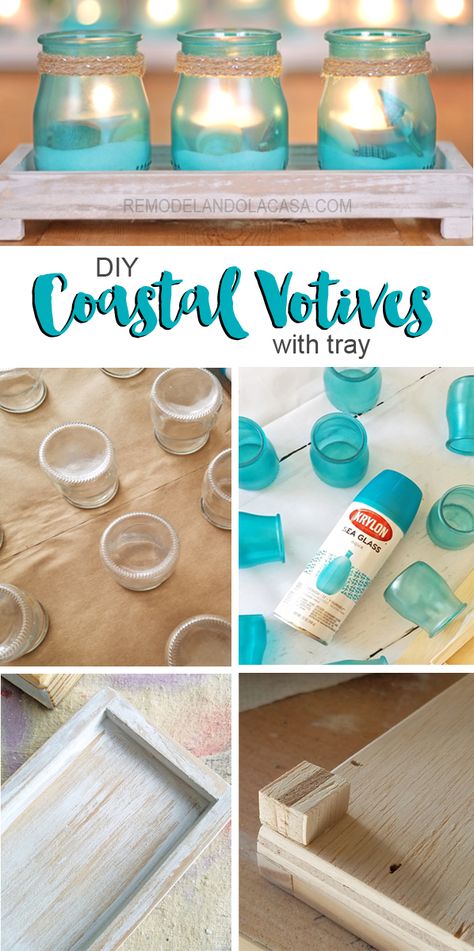 SO Pretty! DIY - Coastal Votives with tray Strand Decor, Dekor Diy, Coastal Bedrooms, Beach Diy, Beach House Interior, Beach Cottage Style, Nautical Home, Beach Crafts, Mason Jar Crafts