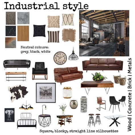 Industrial Mood Board, Industrial Style Interior Design, Modern Industrial Living Room, Industrial Decor Living Room, Industrial Living Room Design, Masculine Living Rooms, Ruang Tv, Industrial Room, Industrial Style Interior