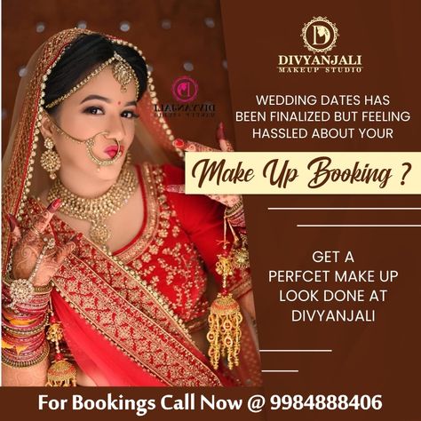 wedding dates has been finalized but feeling hassled about your make up booking ? Get a perfcet make up look done at divyanjali. . @ jewellery - Divyanjali Makeup Studio Call us -9984888406 #Limiteddates_limitedslots #MaximumEnquries #Makeup #Bridalmakeup #Beauty #Skin #prebridalmakeup #Cleanup #Skincare #Partymakeup #Birthdayparty_Makeup #Bridal_makeover #hairstyling #Cleaning #Haircare #DulhaniyaDivyanjaliki #bridalmakeup #bridalindia #BookingsOpen Vouchers Design, Pamplet Design, Indian Dulhan, Pre Bridal Makeup, Beauty Salon Price List, Beauty Salon Marketing, Bridal Makeup Services, Makeup Poster, Gym Banner