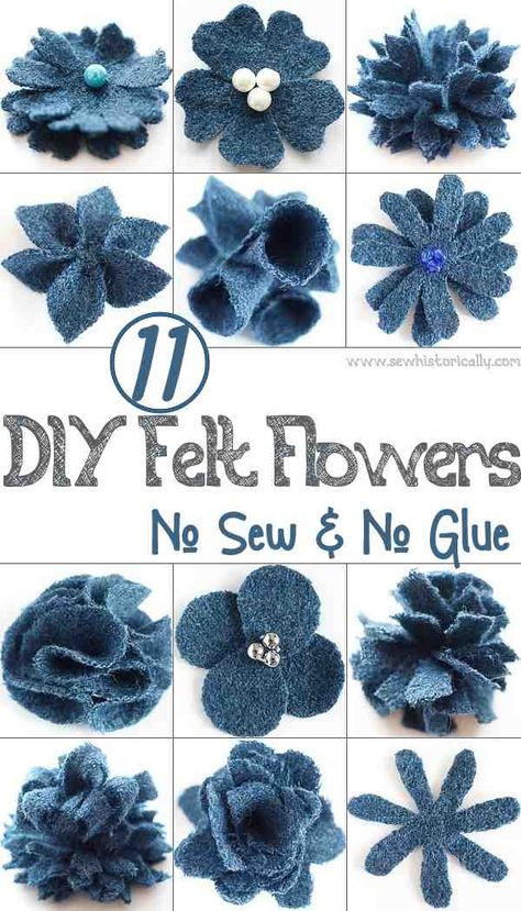 11 DIY Felt Flowers - No Sew & No Glue - Sew Historically Felt Flowers No Sew, Felt Flowers Patterns Printable, Wool Felt Flowers, Felt Crafts No Sew, Fabric Flowers Diy No Sew, Sewing Flowers On Clothes, No Sew Fabric Flowers, Flowers On Clothes, Diy Felt Flowers