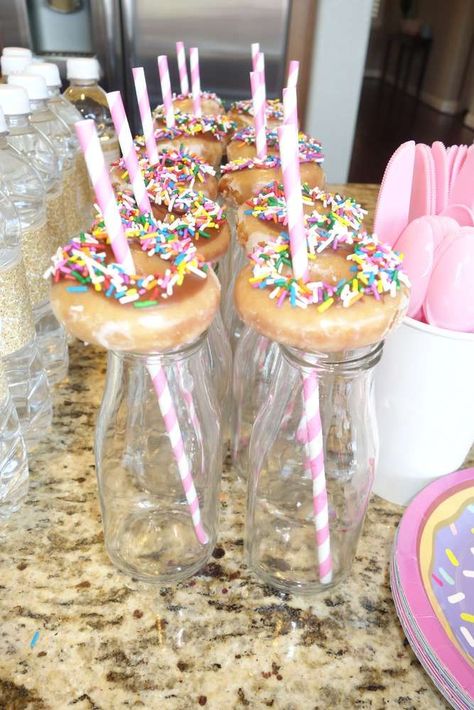 Donuts and milk at a donut first birthday party! See more party ideas at http://CatchMyParty.com! Doughnut Party, Donut Themed Birthday Party, Grown Up Parties, Idee Babyshower, Birthday Donuts, Sleepover Birthday Parties, Donut Birthday Parties, Oktoberfest Party, 13th Birthday Parties