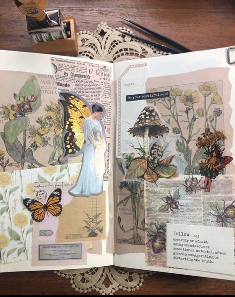 #journal #scrapbook #butterfly #mushroom #yellow Aestethic Journal, Scrapbook Journaling Ideas, Yellow Journal, Butterfly Mushroom, Nature Scrapbook, Vintage Collage Art, 30 Day Art Challenge, Mini Album Ideas, Travel Journal Scrapbook