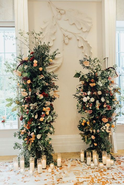 Intimate October Wedding At Coworth Park - Rock My Wedding Autumn Floral Arrangements Wedding, Flower Alter Wedding, Romantic Wedding Alter, Fall Wedding Altar Decorations, Wedding Flower Tower, Altar Decor Wedding, Flower Towers Wedding, Ceremony Wedding Flowers, Wedding Flowers Alter