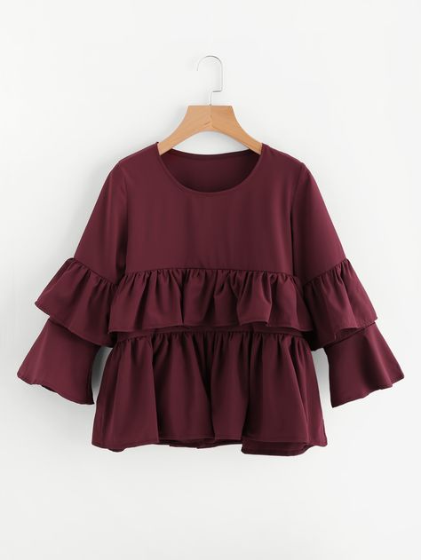 Shop Tiered Frill Layered Blouse online. SheIn offers Tiered Frill Layered Blouse & more to fit your fashionable needs. Stylish Sleeves, Stylish Office Wear, Frill Blouse, Fancy Tops, Mode Abaya, Layered Blouse, Fashion Tops Blouse, Stylish Office, Sleeves Designs For Dresses