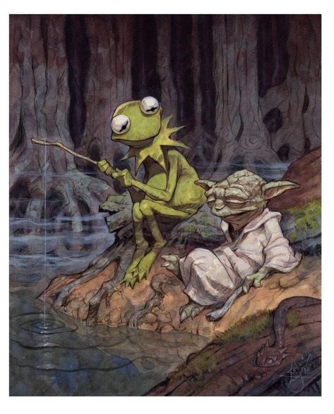 Geek Art: Yoda and Kermit hanging out in the Swamp — GeekTyrant Art Geek, Poster Shop, Kermit The Frog, Geek Art, Star Wars Fan Art, A Frog, Star Wars Humor, Simple Green, The Frog