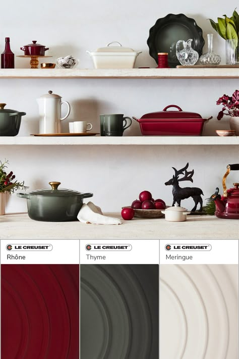 Cozy up your holiday decor by pairing muted Le Creuset colors like Rhône, Thyme, and Meringue together to create a beautifully chic traditional-inspired kitchen. Le Creuset Meringue Kitchen, Rhone Le Creuset, Le Creuset Colors Combinations, Le Creuset Meringue, Kitchen Connection, Holiday Color Palette, Pretty Lifestyle, Le Crueset, Le Creuset Kitchen