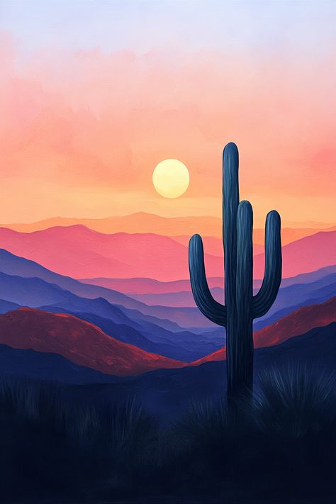 Transform your space with this stunning desert sunset wall art! 🌅 Featuring vibrant hues and a serene cactus silhouette, it's perfect for adding a touch of nature to your home. Explore more wall art ideas now! 🖼️ #WallArtIdeas #HomeDecor #DesertArt 🌟 Minimalist Desert Landscape, Cactus Sunset, Cactus Silhouette, Desert Background, Wall Art Ideas, Sunset Wall, Desert Art, Desert Sunset, Sunset Wall Art