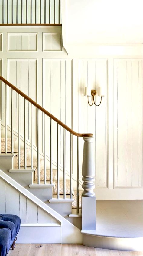 Traditional Stairs - Southern Staircase Entryway Wallpaper Traditional, Sconces On Staircase Wall, French Farmhouse Staircase, Farmhouse Paneling, New House Look Old, Entryway Sconces, Traditional Stairs, Upscale Farmhouse, Farmhouse Staircase