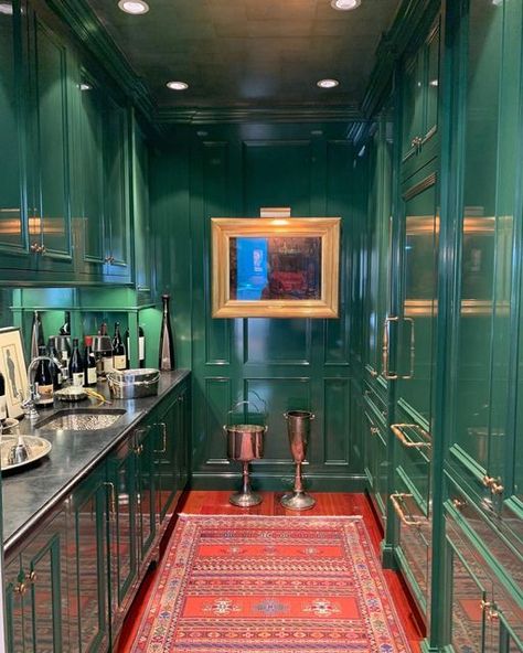 Maximalism Design, High Gloss Kitchen Cabinets, Gloss Kitchen Cabinets, Green Lacquer, Kitchen Butlers Pantry, Home Wet Bar, Green Laundry, Home Bar Rooms, Dining Room Cabinet