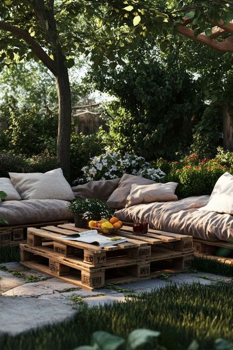 Create budget-friendly outdoor furniture with pallets! Perfect for a relaxed, rustic patio setup. #PalletProjects #OutdoorFurniture #DIYPatio Furniture With Pallets, Outdoor Pallet Furniture, Create Budget, Patio Setup, Relaxed Rustic, Palette Patio, Palette Patio Furniture, Outdoor Pallet, Rustic Patio