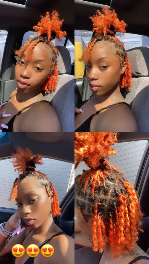 Colored Loca idea🙃 Starter Locs Ponytail Styles, Two Color Locs, Loc Styles For Starter Locs, Locs Hairstyles Colored, Short Dreadlock Styles For Women Black Locs, Starter Locs With Color, Very Short Locs Hairstyles Starter, Girl Dreads Styles, Starter Locs Styles For Short Hair Women