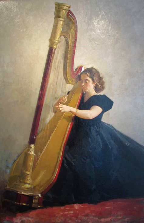 Harpist 1953, Viktor Zaretski Vera Dulova Harp Art, Harps Music, Spiritual Music, Russian Painting, The Soviet Union, Peaceful Places, Inspirational Artwork, Making Music, Traditional Paintings