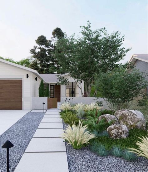 Modern Texas Landscaping Front Yards, Long Front Yard Ideas, Rustic House Landscaping, Olive Tree Front Yard Landscaping, Front Yard Landscape California, Modern Desert Front Yard, Grassless Front Yard Landscaping, Home Walkway Ideas Front Yards, Incorporating Rocks In Landscaping