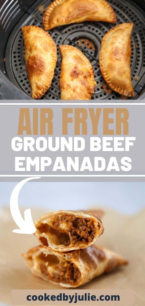 These air fryer ground beef empanadas are crispy, tender, and full of flavor. Skip the deep fryer and make these in the air fryer instead for a lighter, healthier option without sacrificing any of the taste.They air fry perfectly in just 7 minutes and can be customized to your liking by substituting ground turkey or ground chicken if you prefer. Ground Beef Empanadas, Turkey Empanadas, Empanada Discs, Beef Empanadas Recipe, Beef Tomato, Caramelized Onion Dip, Cheese Stuffed Mushrooms, Cooks Air Fryer, Beef Empanadas