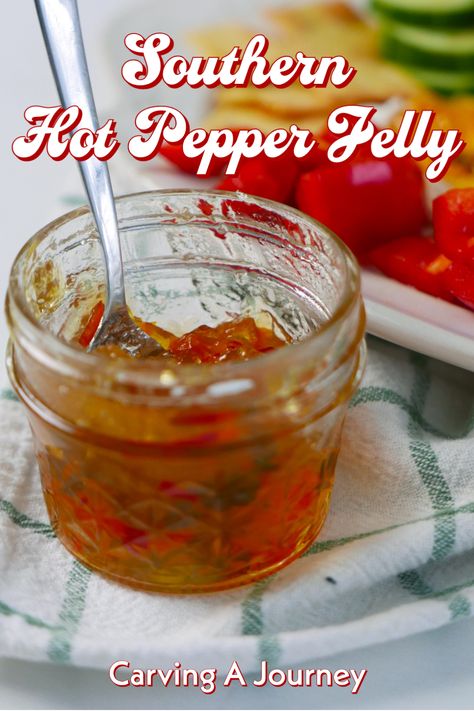 Hot Pepper Jelly is a southern favorite. Made from a mixture of bell peppers and hot peppers, it is both sweet and hot. Typically southerners serve hot pepper jelly on top of cream cheese as an appetizer. It can also be used as a marinade, spread on toast, added to grilled cheese, and more! #southernrecipes #hotpepperjelly #jelly Hot Pepper Jelly Recipe No Pectin, Homemade Red Pepper Jelly, Pepper Jellies, Hot Pepper Jelly Recipe, Pepper Ideas, Canning Hot Peppers, Hot Pepper Relish, Pepper Jelly Recipe, Pepper Jelly Recipes