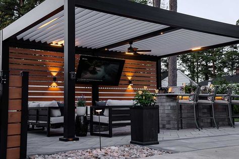 Pergola With Tv, Screened In Pergola, Outdoor Tv Pergola, Outdoor Kitchen And Dining, Motorized Pergola, Terrace Inspiration, Relaxing Outdoor Spaces, Custom Pergola, Pergola Screens