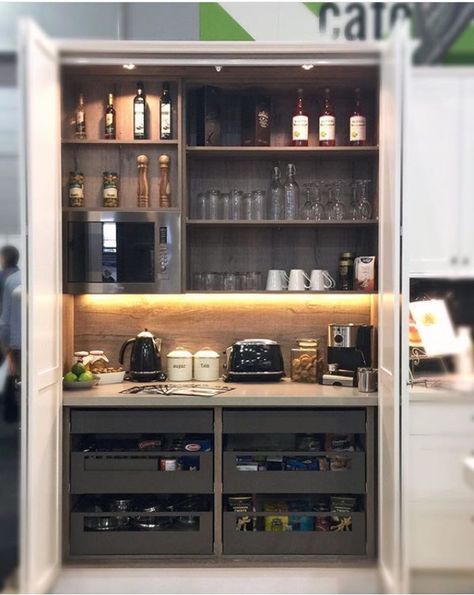 Appliance Cupboard, Pantry Larder, Bar Cupboard, Kitchen Larder Cupboard, Reno Kitchen, Nook Kitchen, Snow Valley, Kitchen Appliance Storage, Clever Kitchen Storage