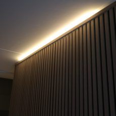 Inspiration LED-lighting - WallRibbon Slat Wall Lighting, Micro Flat, Slat Walls, Wooden Panelling, Wood Plank Walls, Wood Slat Wall, Slatted Headboard, Plank Walls, Public Places