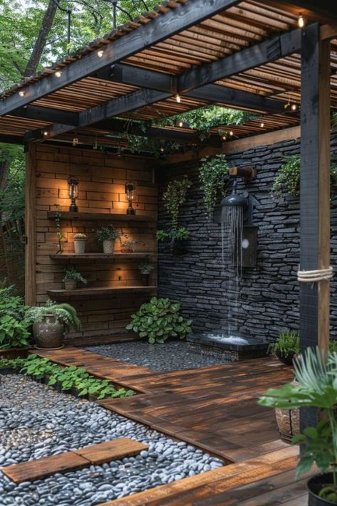 Secret Outdoor Hideout, Zen Waterfall, Backyard Spa, Outdoor Garden Party, Outdoor Bathroom Design, Outdoor Garden Ideas, Outdoor Showers, Outdoor Bath, Outdoor Bathroom