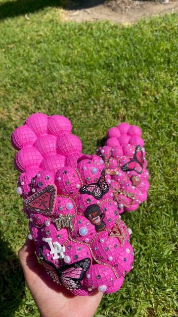 Customized Bubble Slides, Custom Bubble Slides, Bedazzled Slides, Croc Decorations, Bedazzled Shoes Diy, Strawberry Soda, Bedazzled Shoes, Bubble Slides, Custom Crocs