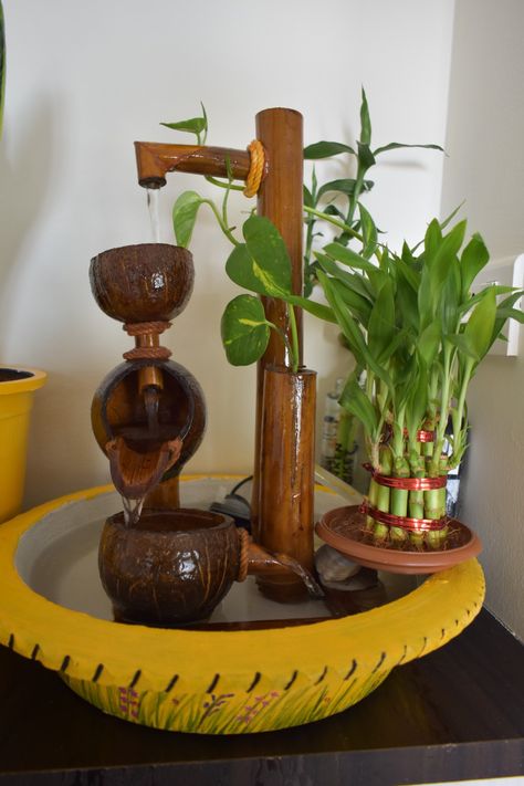 Bamboo Projects, Bamboo Water Fountain, Indoor Tabletop Fountains, Bamboo Fountain, Water Wall Fountain, Positive Aura, Taman Air, Coconut Shell Crafts, Diy Water Fountain