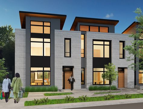 Townhome Design Architecture, Contemporary Townhouse Exterior, Luxury Row House Design, Townhomes Architecture, Modern Multi Family House Plans, Modern Townhouse Facade, Townhome Architecture, Modern Townhouse Exterior, Modern Townhouse Designs