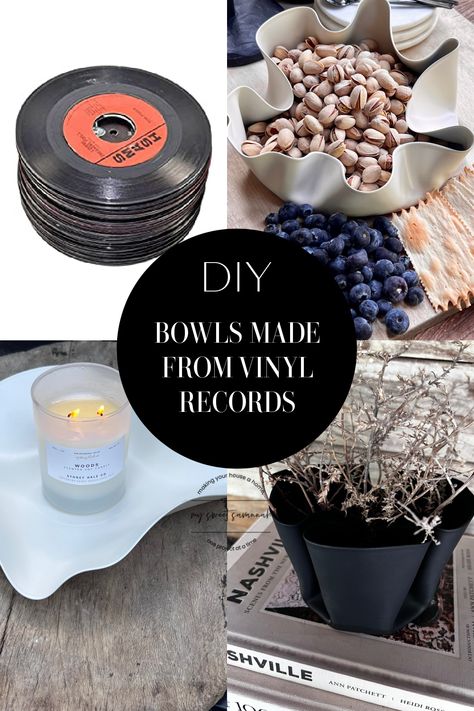 diy bowls made from vinyl records Vinyl Record Bowl Diy, Melting Records Into Bowls, Diy Record Bowl, Record Bowl Diy, Vinyl Record Crafts Diy, Diy Vinyl Record, Vinyl Records Diy, Records Diy, Diy Record