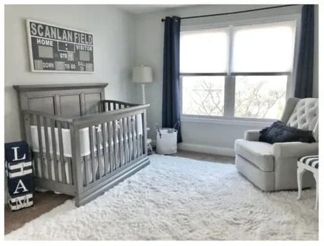 Leaning toward a sports theme nursery? Gray will make it chic. This family created a personalized “scoreboard” to hang above the crib, which is a creative and not-cheesy way to bring the baseball theme home.