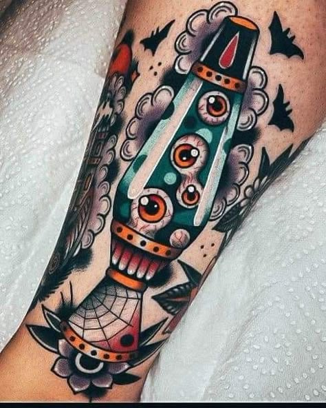 Old School Halloween Tattoo, Trippie Tattoos, Halloween Tattoos For Women, Gizmo Tattoo, October Design, Halloween Tattoo Flash, Halloween Tattoo Ideas, Traditional Style Tattoo, Traditional Tattoo Sleeve