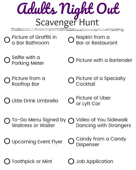 Printable Adults Night Out Scavenger Hunt Clues for Weekend Fun Scavenger Hunt Template, Scavenger Hunt Riddles, Scavenger Hunt Ideas, Scavenger Hunt List, Adult Scavenger Hunt, Scavenger Hunt Birthday, Scavenger Hunt Clues, Scavenger Hunt Games, Christmas Scavenger Hunt