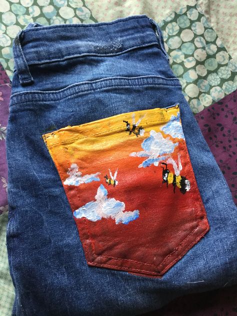 Jeans Painting Ideas Aesthetic Men, Things To Paint On Jeans Pockets, Tyler The Creator Crafts, Jeans Pocket Painting Ideas, Jeans Pocket Painting, Pocket Painting Jean Aesthetic, Painting Hoodie, Remake Clothes, Olive Jeans