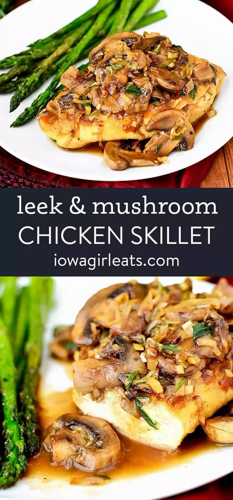 Leek and Mushroom Chicken Skillet is an elegant, 30 minute dinner recipe that's perfect for date night or any day of the week. Quick, easy and made in just 1 skillet. iowagirleats.com keywords: chicken recipes, chicken breast recipes, easy chicken recipes Chicken And Leek Recipes, Recipes Chicken Breast, Mushroom Leek, Cooking With Fresh Herbs, Gf Dinner, Leek Recipes, Chicken Skillet, Chicken Breast Recipes Easy, Skillet Cooking