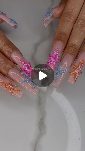 KAT on Instagram: "starfish nails 🧜🏻‍♀️💗 
inspo : @madrinails 💙
charms will be available online @thenailshopxkat 
•
•
•
#clawsxkat #lanailtech #losangelesnailtech #nails #nailtech #nailart #art #gelx #lanails  #nailinspo #nailsofinsta #chrome #chromenails #starfish #starfishnails #xxlongnails #xxl #longnails #charms #nailcharms" Starfish Nails, Fish Nails, La Nails, Spring Nail Designs, Spring Nail, Nail Charms, Nail Designs Spring, Nails Inspo, Chrome Nails