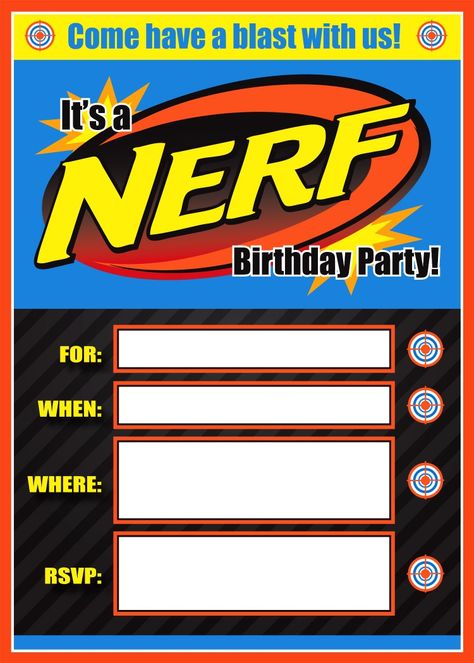 Nerf Birthday Invitations, Nerf Party Invitations, Nerf Birthday Party, Nerf Party, Diy Kids Games, Invite Ideas, Birthday Party Invites, Invitations Birthday, 10th Birthday Parties