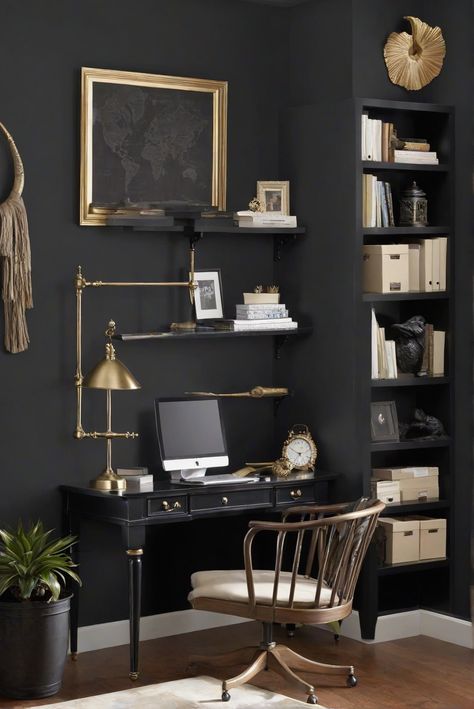 Home decor ideas, Interior design services, Office interior design, Black office decor Poplar Cabinets, Home Office Paint, Benjamin Moore Wrought Iron, Tricorn Black, Paint Guide, Office Paint, Color Home, Colors Matching, Dark Walls