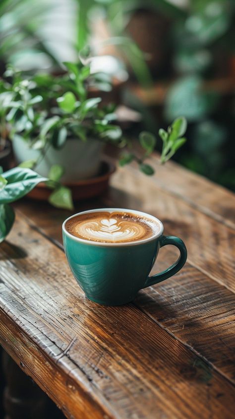 Coffee Cup on Table Coffee Shots Photography, Coffee Green Aesthetic, Green Coffee Aesthetic, Coffee And Plants Aesthetic, Cold Coffee Photography, Cup Of Coffee Aesthetic, Cup Of Tea Aesthetic, Coffee Photography Aesthetic, Aesthetic Coffee Pictures