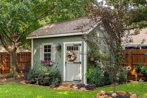 She Shed Exterior, Shed Exterior Ideas, Painted Garden Sheds, Cottage Garden Sheds, Small Shed, Small Garden Shed, Shed Landscaping, Shed Makeover, Shed Colours