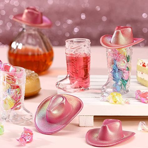 Who doesn't love a mini metallic pink cowboy hat to top off your clear western cowboy boot shot glass! This adorable shot glass sets the tone for a girls night out! Nashville / NashVegas is calling! Cowgirl Bachelorette Party Favors, Cowgirl Party Decorations, Neon Space, Mini Cowboy Hat, Cowgirl Bachelorette Parties, Faux Cactus, Pink Cowgirl Boots, Pink Cowboy Hat, Cowgirl Bachelorette