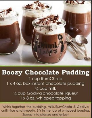 Boozy Chocolate Pudding recipe - from the Favorite Recipe Collection Family Cookbook Boozy Chocolate Pudding, Rumchata Recipes, Boozy Chocolate, Epicure Recipes, Chocolate Pudding Recipes, Pudding Shots, Godiva Chocolate, Boozy Desserts, Chocolate Liqueur