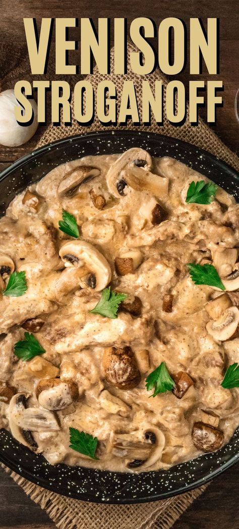 Large pan of venison stroganoff topped with mushrooms and parsley Creamy Wine Sauce, Elk Meat Recipes, Venison Stroganoff, Venison Backstrap Recipes, Backstrap Recipes, Elk Recipes, Venison Burgers, Deer Recipes, Game Meat