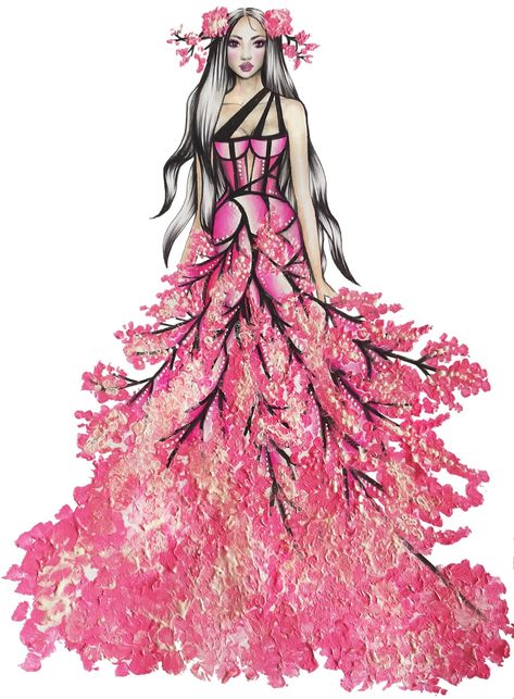 Spring cherry blossom tree inspired dress by @ursulaillustration fashion illustration sketch Nature Inspired Dress Sketch, Cherry Blossom Inspired Fashion, Forest Themed Dress, Cherry Blossom Inspired Dress, Spring Dress Drawing, Nature Fashion Illustration, Cherry Blossom Inspired Outfit, Flower Inspired Dress Illustration, Flower Dress Sketch