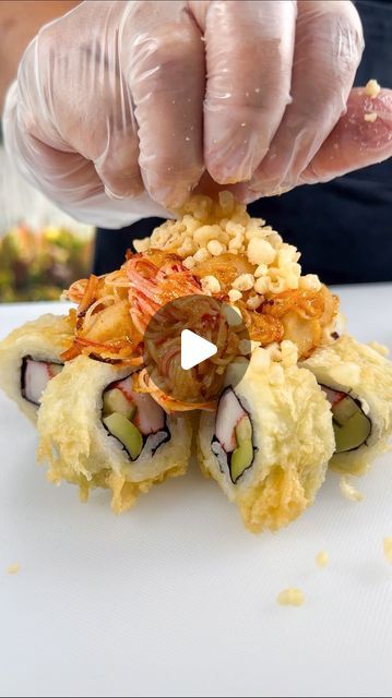 WΛVE 波 Asian Bistro & Sushi on Instagram: "FUJI ROLL 🍣🌋One of the newest sushi rolls to grace our menu! 😍 This beauty is made with a baked scallop/spicy krab mixture over a fried California roll topped with white sauce, eel sauce, masago, and green onion! What’s not to love?! Would you take a bite?! 🤤" Fried California Roll, Fried Sushi Rolls, Eel Sauce, Fried Sushi, Asian Bistro, California Roll, White Sauce, Green Onion, Sushi Rolls