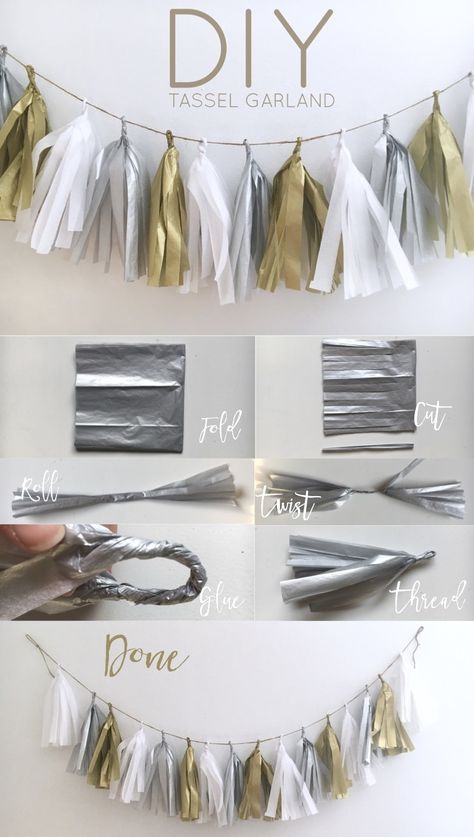 DIY Tassel Garland - Cassie Scroggins Diy Gold Decor, Gold Tassel Garland, Diy Tassel Garland, Anniversaire Diy, Diy Tassel, Pom Pom Garland, Adult Birthday Party, Gold Diy, Tassel Garland