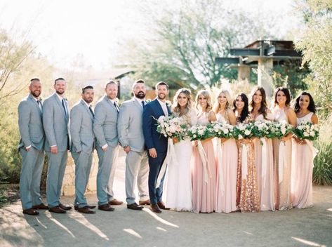 All Blue Bridal Party, Blush Wedding Groomsmen, Realistic Wedding, Vegas Wedding Dress, Bridal Parties Colors, Pink Green Wedding, Wedding Groomsmen Attire, Groom And Groomsmen Suits, Blush Pink Bridesmaids