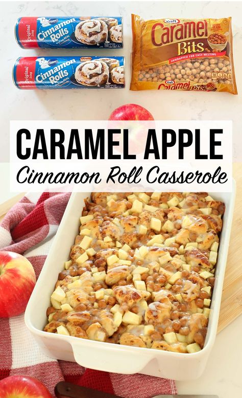 Three ingredient caramel apple cinnamon roll casserole is not only easy but perfect for Fall. Cinnamon rolls baked with caramel and apples. Is it breakfast or is it dessert? Apple Cinnamon Roll Casserole, Fall Cinnamon Rolls, Caramel And Apples, Pillsbury Cinnamon Roll Recipes, Cinnamon Roll Desserts, Breakfast Casserole With Biscuits, Pecan Cinnamon Rolls, Cinnamon Roll Monkey Bread, Caramel Bites