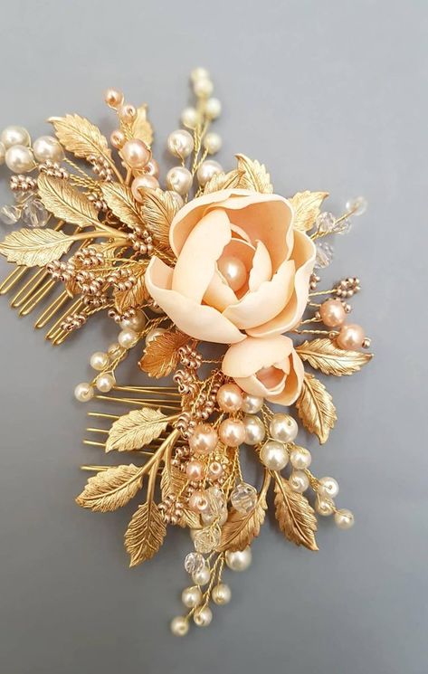 Gold Bridal Hair Comb, Gold Hair Comb, Lilac Wedding, Headpiece Bridal, Headpiece Jewelry, Bridal Hair Flowers, Bride Hair Accessories, Peach Flowers, Gold Leaves