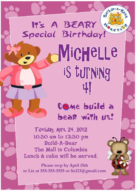 Build A Bear Birthday, Bear Birthday Party Invitations, Build A Bear Party, Club Events, Bear Birthday Party, Bear Party, Bear Birthday, Rainbow Party, Personalized Invitations