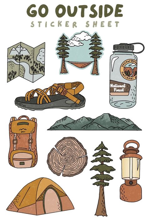 Outdoors Sticker Sheet - Etsy Camping Stickers Printable, Hiking Stickers Printable, Outdoor Stickers Design, Sketch Stickers, Camping Stickers Free Printable, Drawn Stickers, Outdoor Doodles, Outdoorsy Stickers, Outdoors Stickers